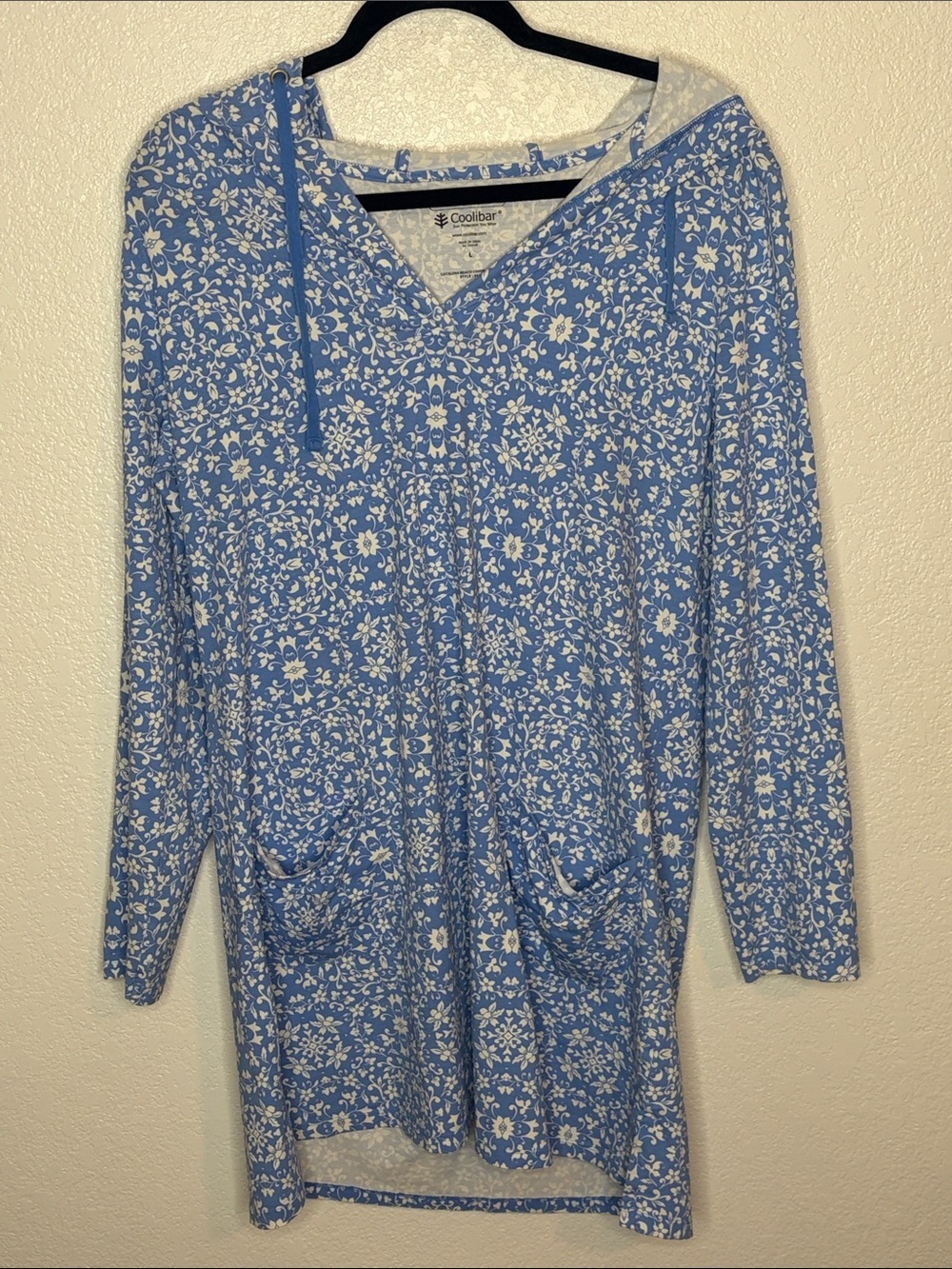 Coolibar Blue & White Catalina Beach Cover Up Dress UPF 50+ Size Large
